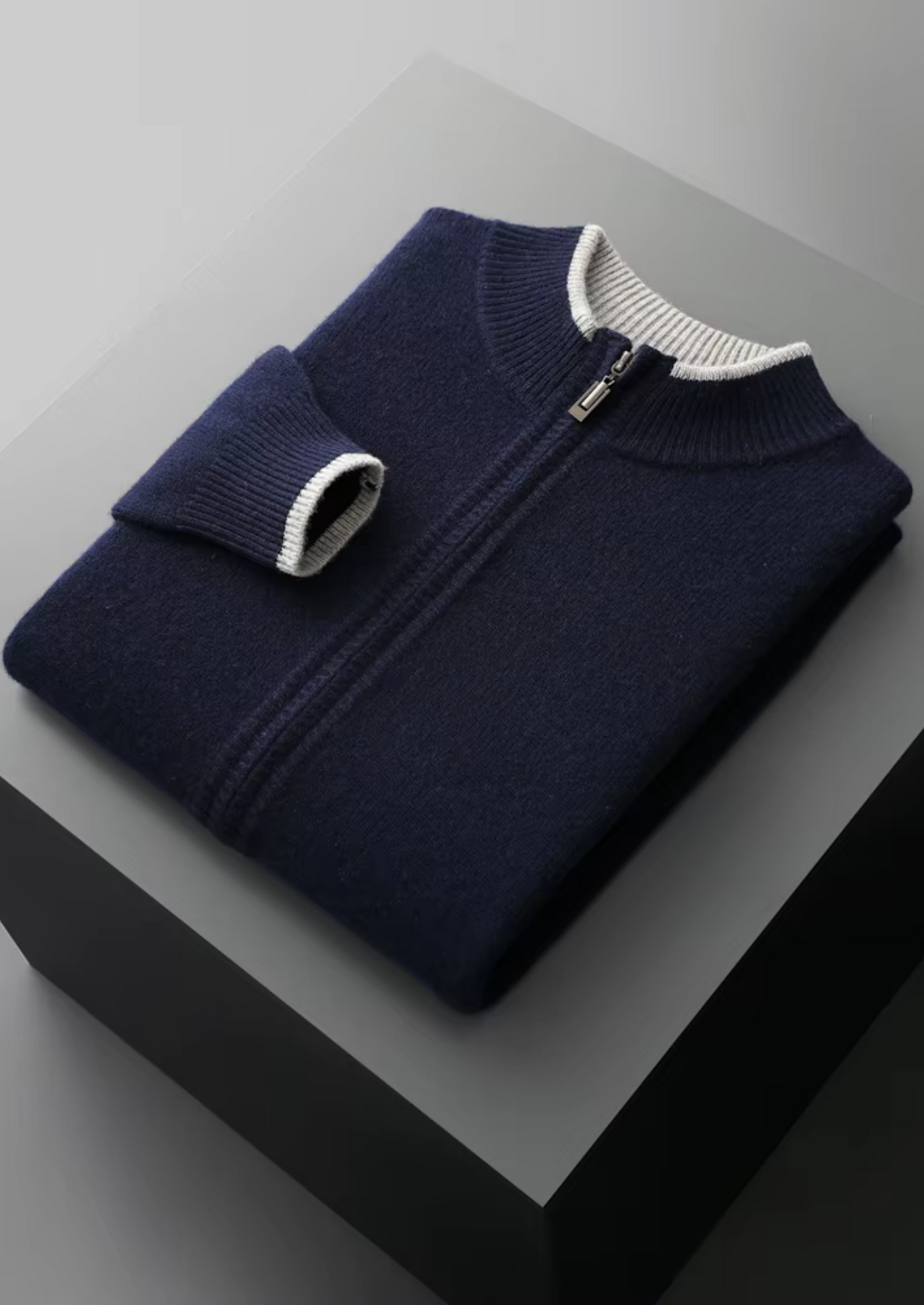 PURE EXTRA-FINE MERINO WOOL TWO-TONE ZIP CARDIGAN