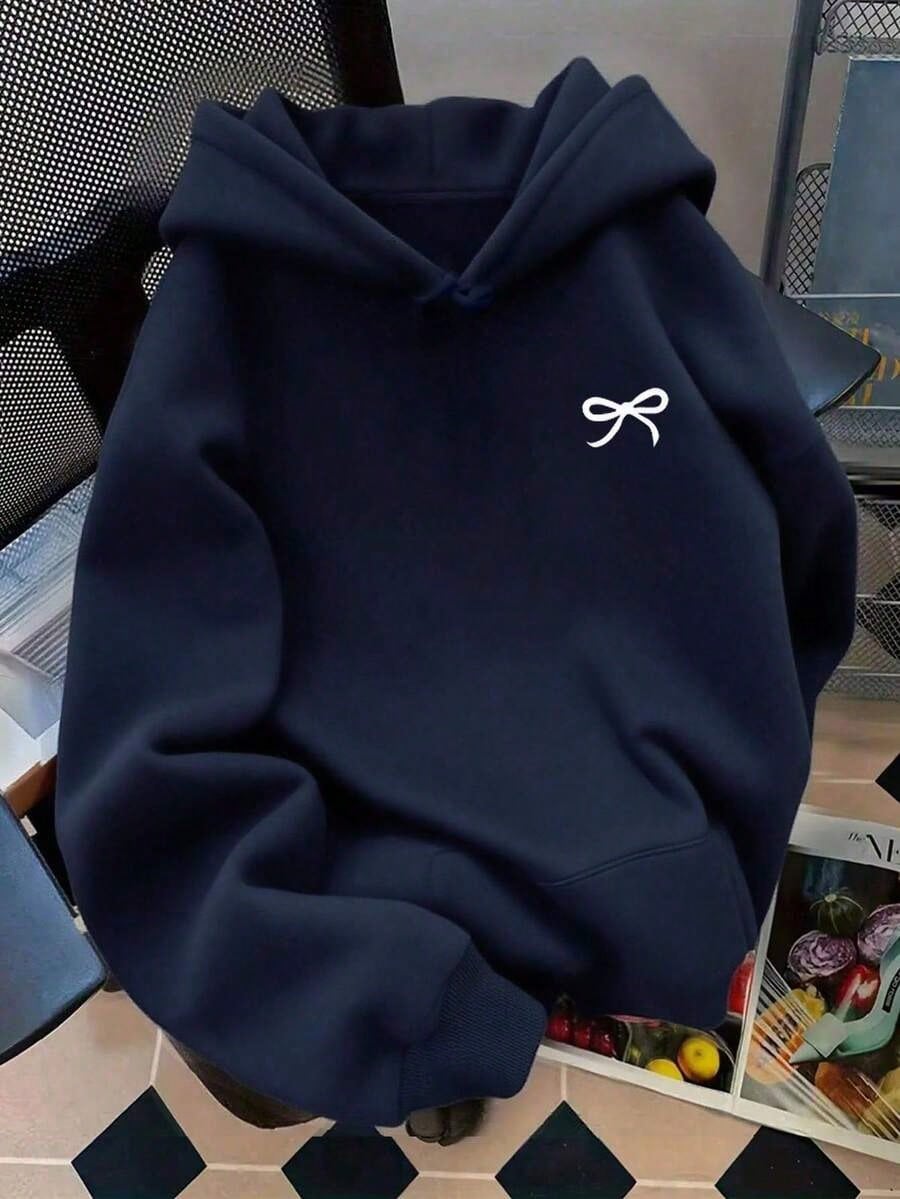 Cute Versatile Bow Pattern Women's Long Sleeve Pocket Casual Hoodieprinted Sweatshirt