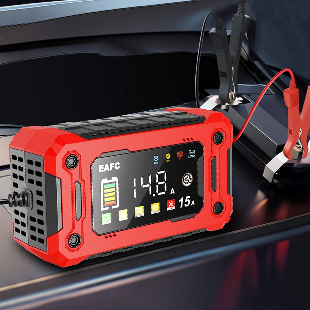 Cargador de batería de coche inteligente de 12V, 15A/8A, reparación de pulso, arranque automático, cargador rápido, baterías de plomo y ácido para motocicleta y camión