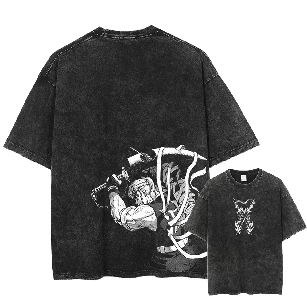 Men's Acid TShirt Streetwear Oversized Japanese Anime Graphic T Shirt Summer Washed Black Tshirt Harajuku Cotton Tees Tops