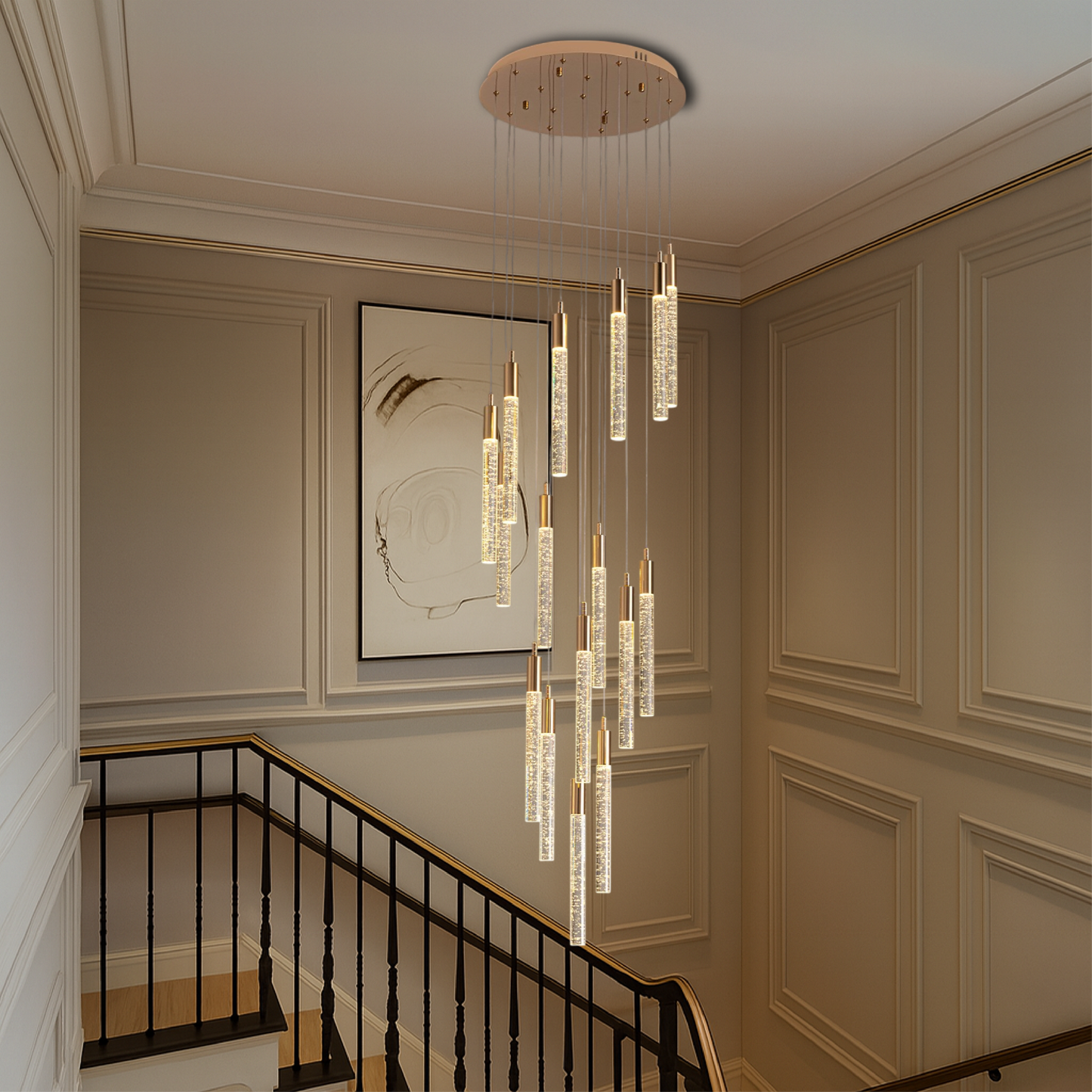 Golden Acrylic Staircase Chandelier — Elegant Modern Lighting Statement