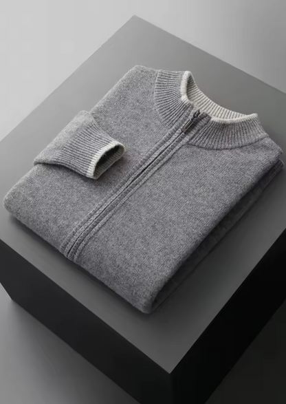PURE EXTRA-FINE MERINO WOOL TWO-TONE ZIP CARDIGAN