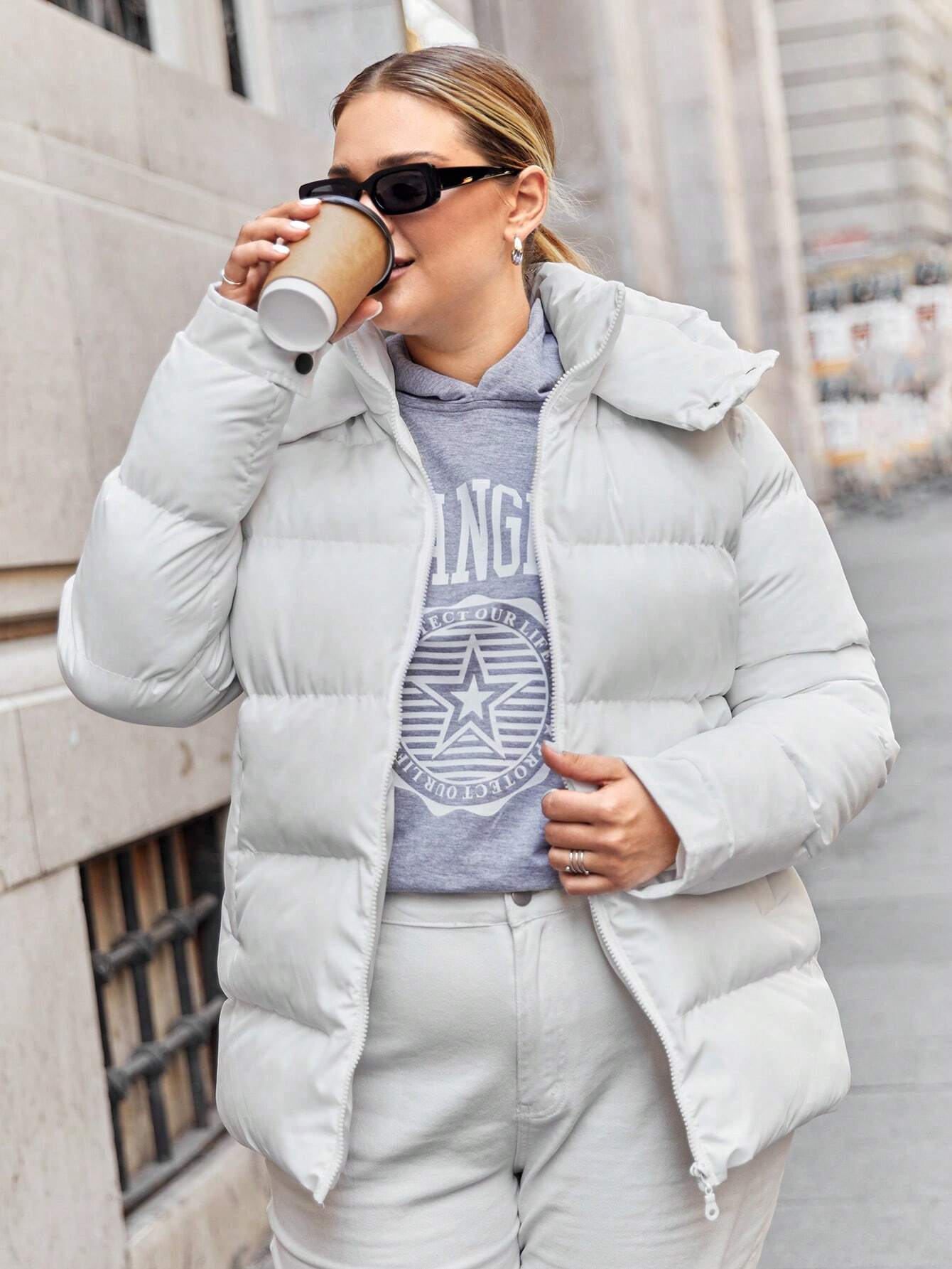 SHEIN Plus Zip Up Hooded Puffer Coat
