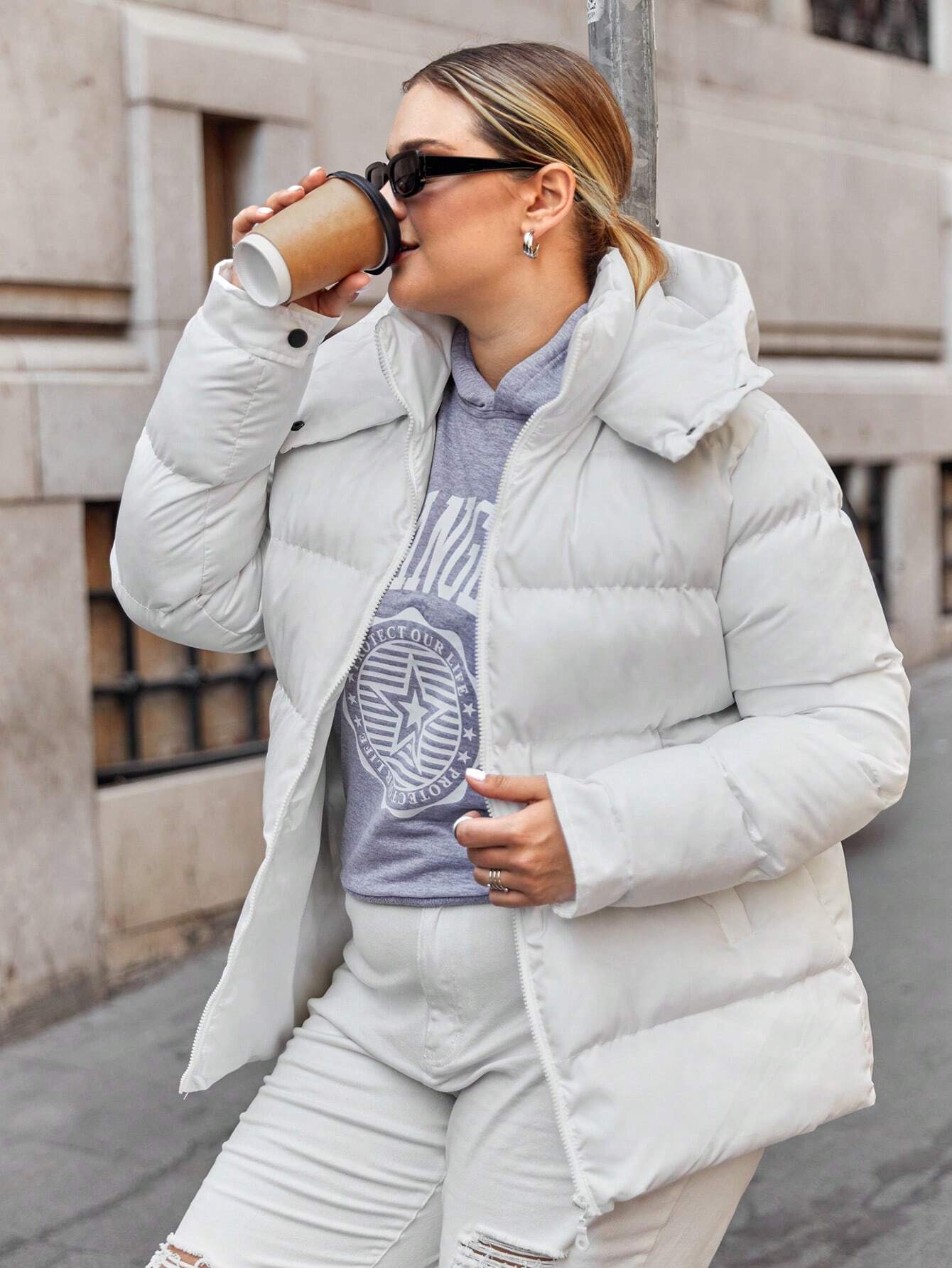 SHEIN Plus Zip Up Hooded Puffer Coat