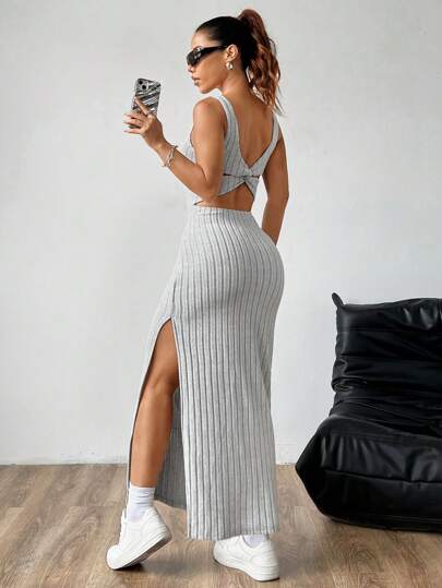 SHEIN MOOSTA Women Plain Simple Sleeveless Side Split Casual Dress