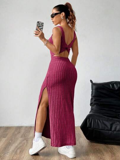 SHEIN MOOSTA Women Plain Simple Sleeveless Side Split Casual Dress