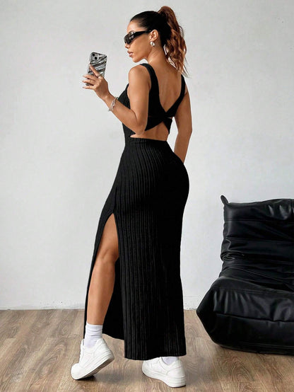 SHEIN MOOSTA Women Plain Simple Sleeveless Side Split Casual Dress