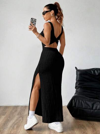 SHEIN MOOSTA Women Plain Simple Sleeveless Side Split Casual Dress