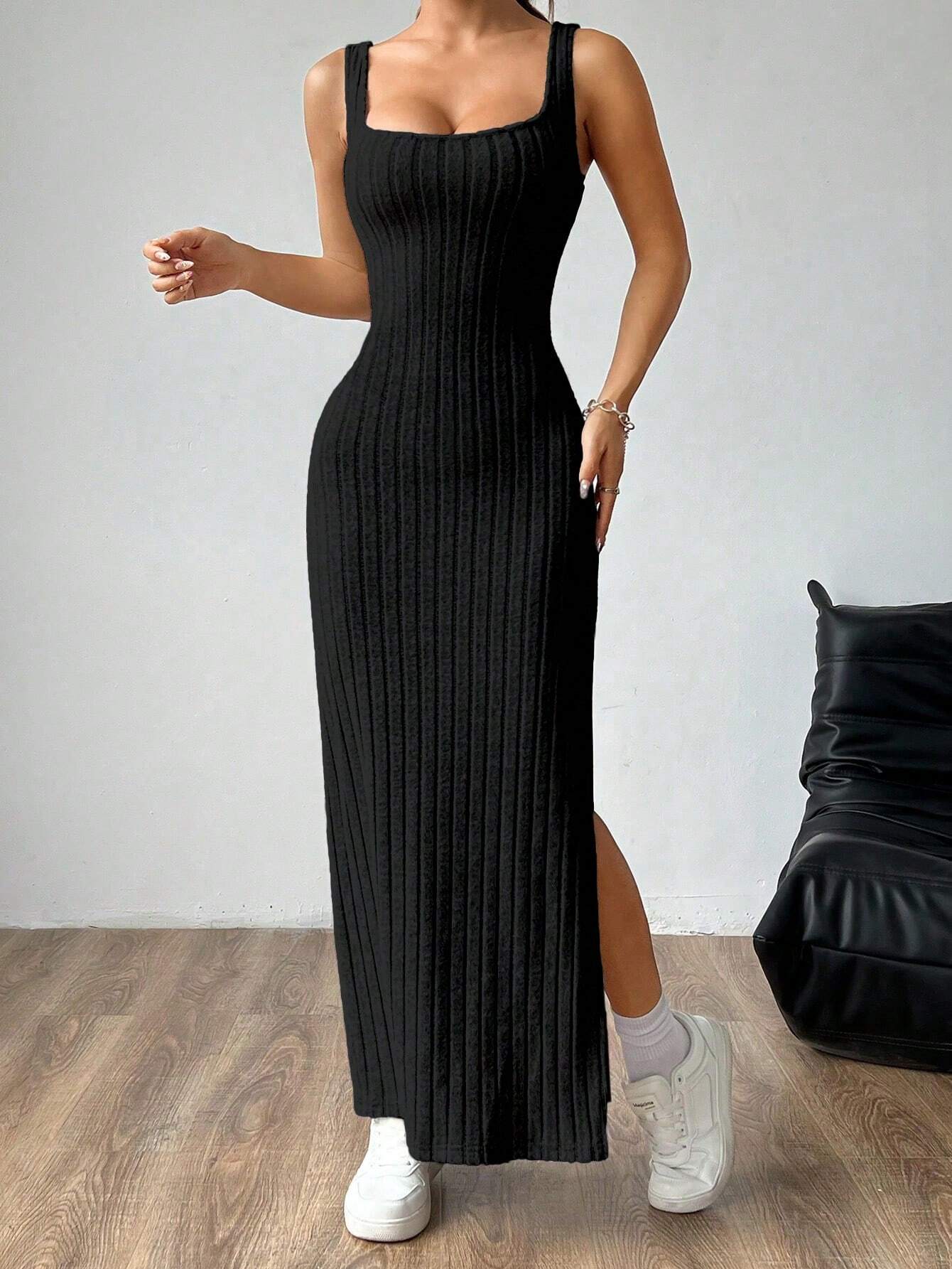SHEIN MOOSTA Women Plain Simple Sleeveless Side Split Casual Dress