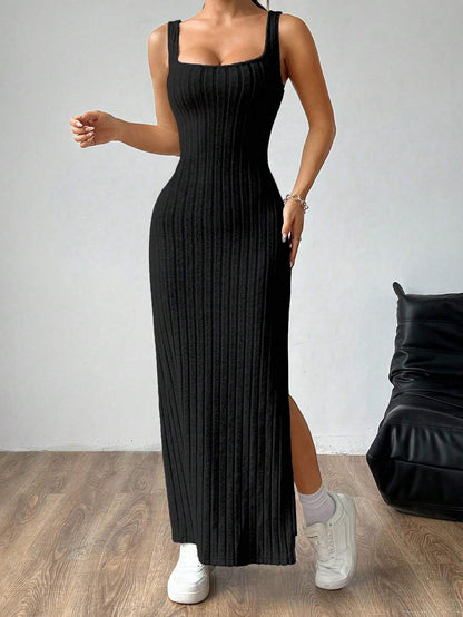 SHEIN MOOSTA Women Plain Simple Sleeveless Side Split Casual Dress