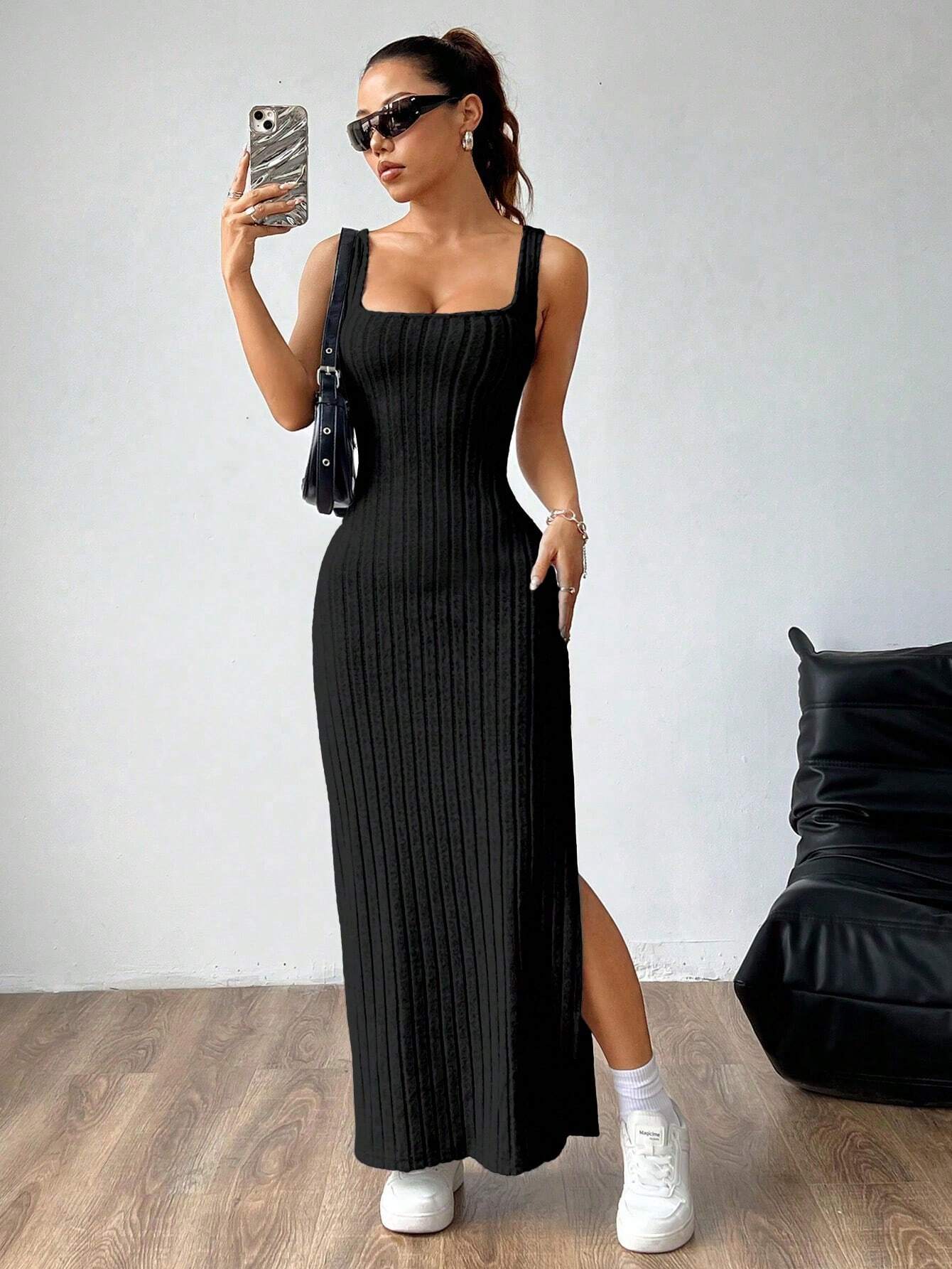 SHEIN MOOSTA Women Plain Simple Sleeveless Side Split Casual Dress