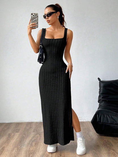 SHEIN MOOSTA Women Plain Simple Sleeveless Side Split Casual Dress