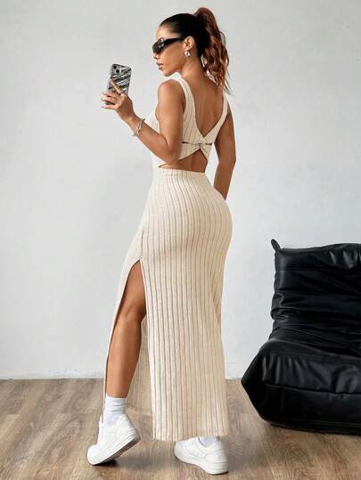 SHEIN MOOSTA Women Plain Simple Sleeveless Side Split Casual Dress