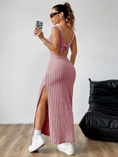 SHEIN MOOSTA Women Plain Simple Sleeveless Side Split Casual Dress