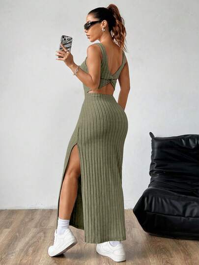 SHEIN MOOSTA Women Plain Simple Sleeveless Side Split Casual Dress