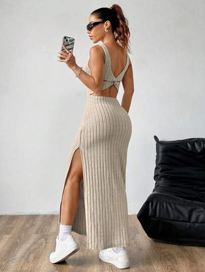 SHEIN MOOSTA Women Plain Simple Sleeveless Side Split Casual Dress