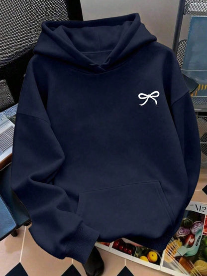 Cute Versatile Bow Pattern Women's Long Sleeve Pocket Casual Hoodieprinted Sweatshirt