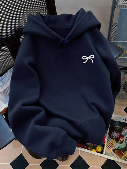 Cute Versatile Bow Pattern Women's Long Sleeve Pocket Casual Hoodieprinted Sweatshirt