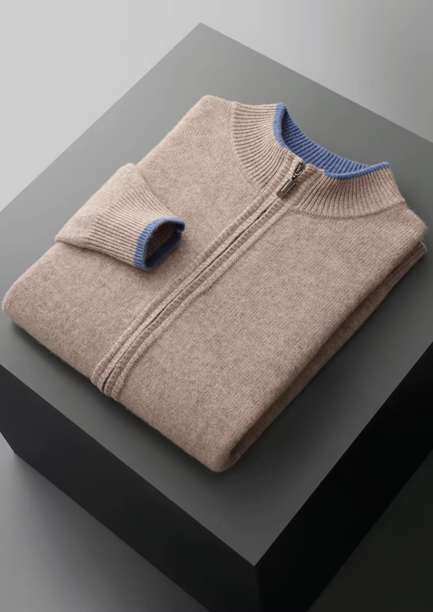 PURE EXTRA-FINE MERINO WOOL TWO-TONE ZIP CARDIGAN
