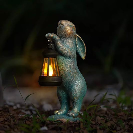 Garden Statues Rabbit with Solar Lantern Lights Outdoor Bunny Figurines Decorations