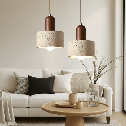 Lustre suspendu en travertin – Éclairage élégant et naturel pour votre espace