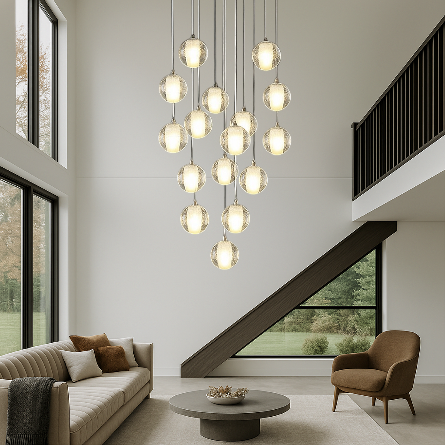 Crystal Ball Staircase Chandelier – Dazzling Glass Orb Pendant Light for Grand Hallways
