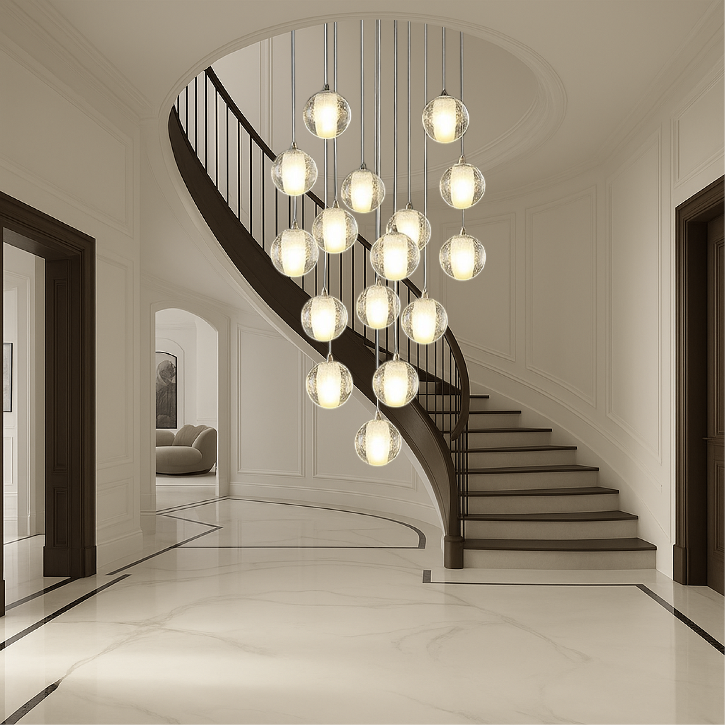 Crystal Ball Staircase Chandelier – Dazzling Glass Orb Pendant Light for Grand Hallways