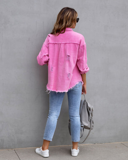 Oversized Jeansbluse - Damen Jeansjacke mit fransigen Details und Knopfleiste