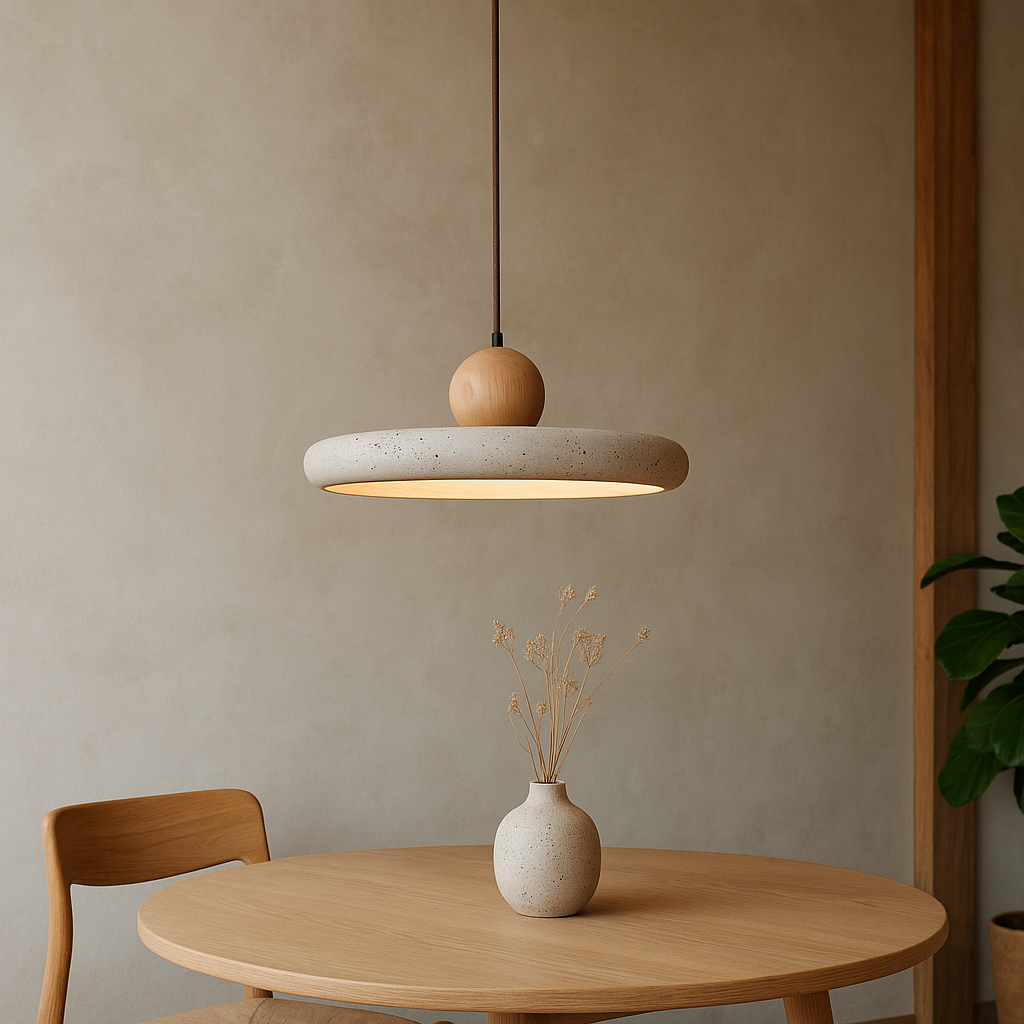 Lustre en Bois et Pierre de Travatine pour une Éclairage Élégant