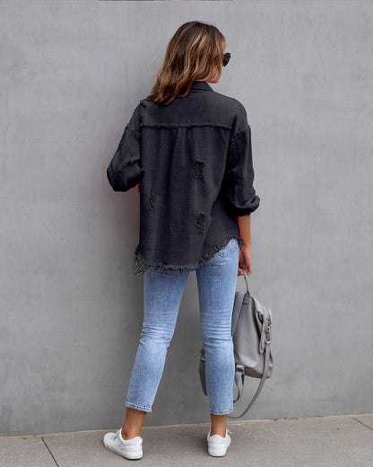 Oversized Jeansbluse - Damen Jeansjacke mit fransigen Details und Knopfleiste