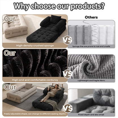 Modern Tatami Cloud Space-Saving Corduroy Upholstery Memory Foam Double-Layer Foldable Convertible No Assembly Required Sofa Bed Couch for Living Room Bedroom Apartment Office