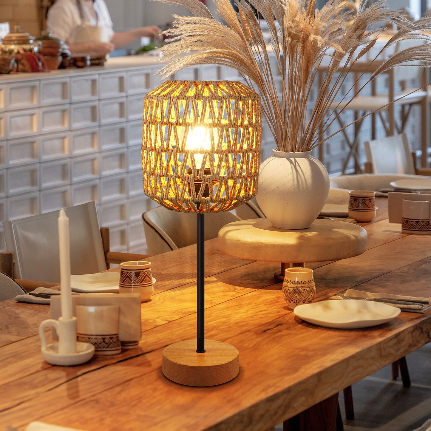 N02 Boho Rattan Table Lamp 3 Way Dimmable Touch Control with USB Port