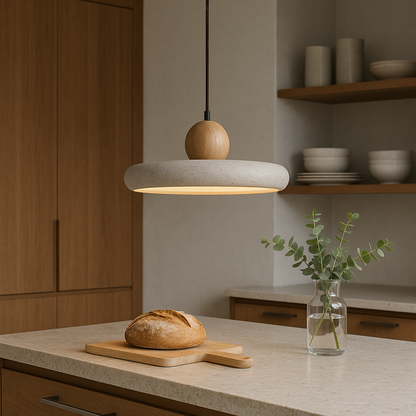 Lustre en Bois et Pierre de Travatine pour une Éclairage Élégant