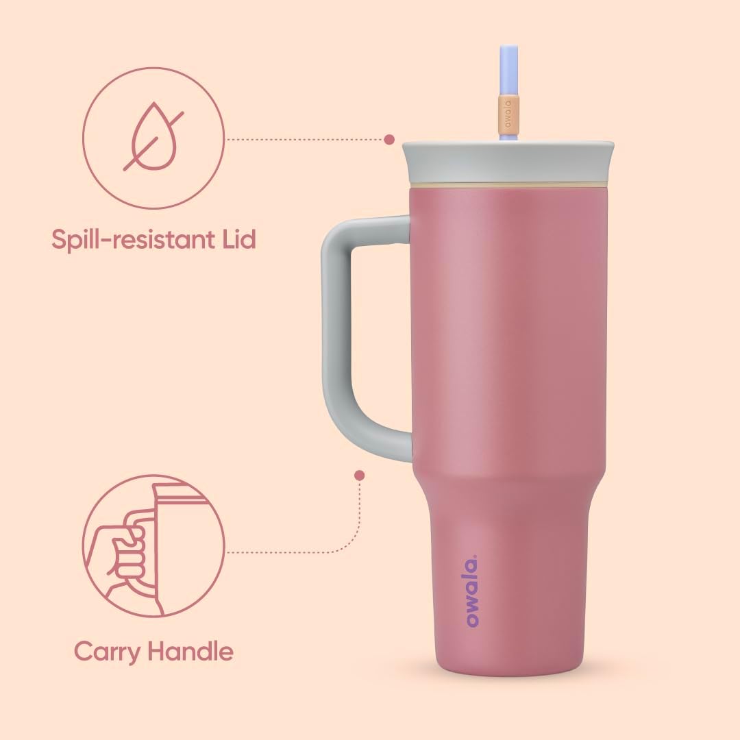 Owala Stainless Steel Triple Layer Insulated Travel Tumbler with Spill Resistant Lid, Straw, and Carry Handle, BPA Free, 40 oz, Pink (Watermelon Breeze)