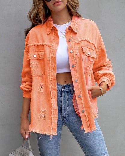 Oversized Jeansbluse - Damen Jeansjacke mit fransigen Details und Knopfleiste