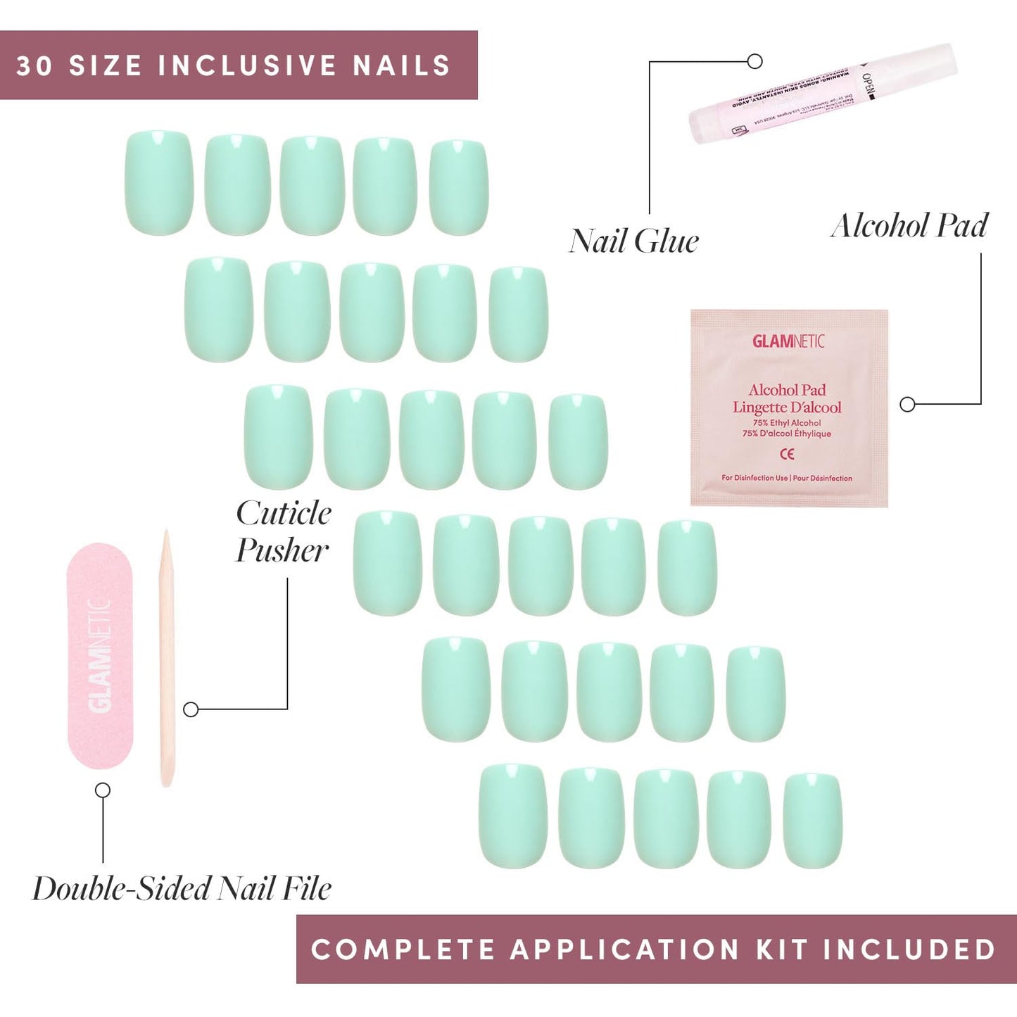 Glamnetic Press On Nails - Pistachio Crème | Short Almond Mint Blue French Tips with a Glossy Finish, Fake Nails, Reusable | 15 Sizes - 30 Nail Kit with Glue