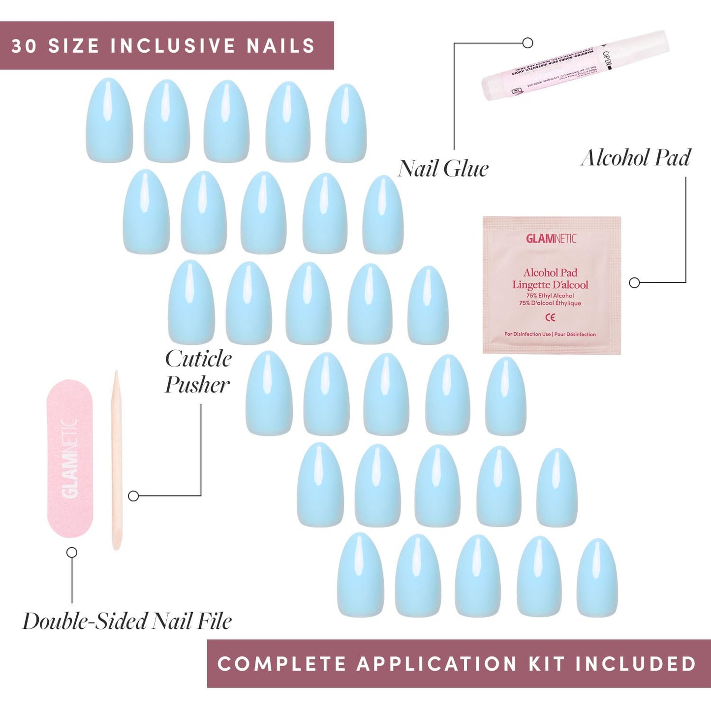 Glamnetic Press On Nails - Pistachio Crème | Short Almond Mint Blue French Tips with a Glossy Finish, Fake Nails, Reusable | 15 Sizes - 30 Nail Kit with Glue