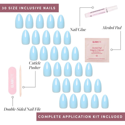 Glamnetic Press On Nails - Pistachio Crème | Short Almond Mint Blue French Tips with a Glossy Finish, Fake Nails, Reusable | 15 Sizes - 30 Nail Kit with Glue