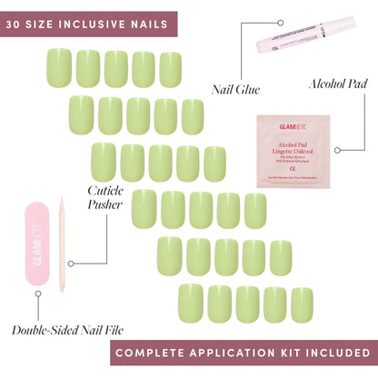 Glamnetic Press On Nails - Pistachio Crème | Short Almond Mint Blue French Tips with a Glossy Finish, Fake Nails, Reusable | 15 Sizes - 30 Nail Kit with Glue