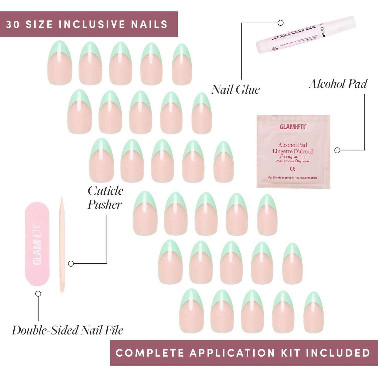 Glamnetic Press On Nails - Pistachio Crème | Short Almond Mint Blue French Tips with a Glossy Finish, Fake Nails, Reusable | 15 Sizes - 30 Nail Kit with Glue