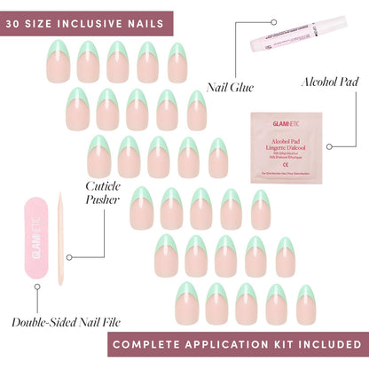 Glamnetic Press On Nails - Pistachio Crème | Short Almond Mint Blue French Tips with a Glossy Finish, Fake Nails, Reusable | 15 Sizes - 30 Nail Kit with Glue