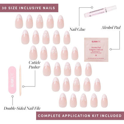 Glamnetic Press On Nails - Pistachio Crème | Short Almond Mint Blue French Tips with a Glossy Finish, Fake Nails, Reusable | 15 Sizes - 30 Nail Kit with Glue