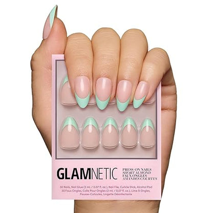 Glamnetic Press On Nails - Pistachio Crème | Short Almond Mint Blue French Tips with a Glossy Finish, Fake Nails, Reusable | 15 Sizes - 30 Nail Kit with Glue