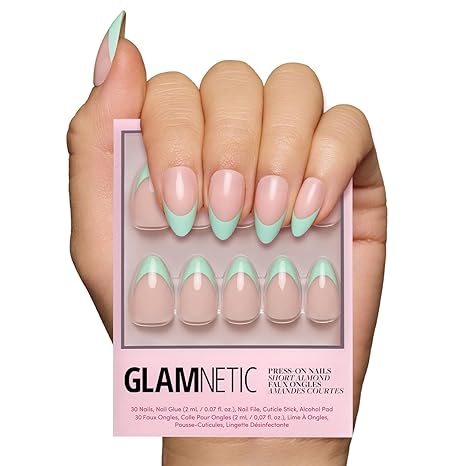 Glamnetic Press On Nails - Pistachio Crème | Short Almond Mint Blue French Tips with a Glossy Finish, Fake Nails, Reusable | 15 Sizes - 30 Nail Kit with Glue