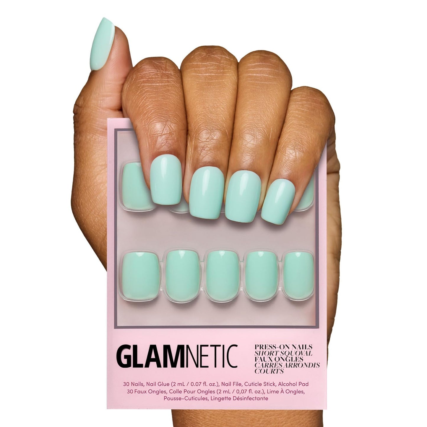 Glamnetic Press On Nails - Pistachio Crème | Short Almond Mint Blue French Tips with a Glossy Finish, Fake Nails, Reusable | 15 Sizes - 30 Nail Kit with Glue