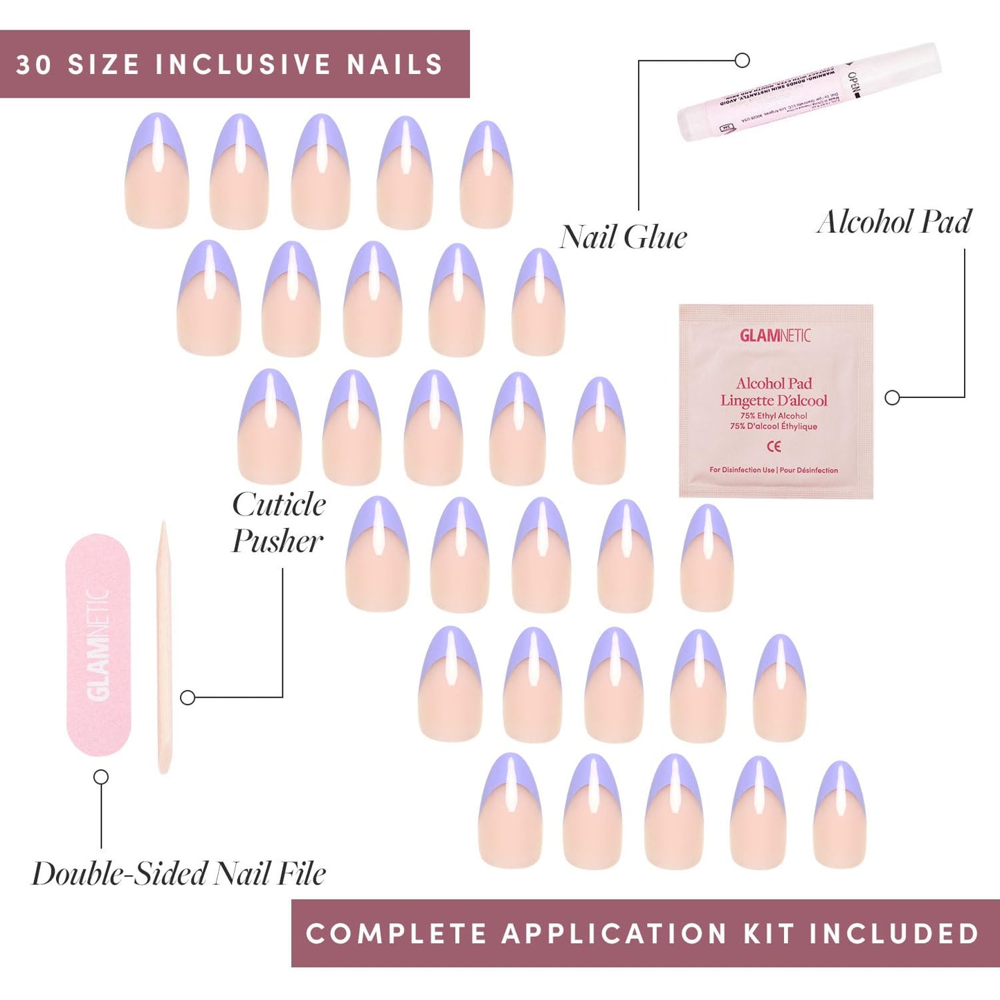 Glamnetic Press On Nails - Pistachio Crème | Short Almond Mint Blue French Tips with a Glossy Finish, Fake Nails, Reusable | 15 Sizes - 30 Nail Kit with Glue