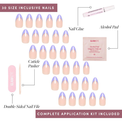 Glamnetic Press On Nails - Pistachio Crème | Short Almond Mint Blue French Tips with a Glossy Finish, Fake Nails, Reusable | 15 Sizes - 30 Nail Kit with Glue