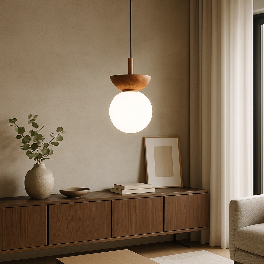 Lustra pendul japandi cu aspect natural pentru un ambient cald si elegant