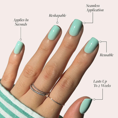 Glamnetic Press On Nails - Pistachio Crème | Short Almond Mint Blue French Tips with a Glossy Finish, Fake Nails, Reusable | 15 Sizes - 30 Nail Kit with Glue