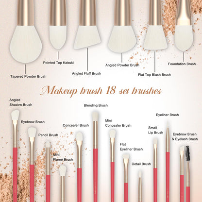 18-Piece Makeup Brush Set with Holder Case – Complete Professional Brush Collection for Flawless Makeup Application in Red -Soft Bristles (Red)